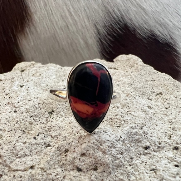 Navajo Jewelry - ❤️ Fire Dahlia Kingman Turquoise Teardrop Ring 925 Navajo Southwestern Size 7.75